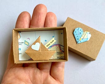 Origami Mini Boat in Matchbox – Message with Heart, handmade mini gift