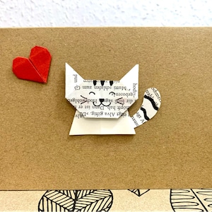 Biglietto origami a forma di gatto, gatto con cuore, testo desiderato, biglietto a forma di gatto, gatto carino, biglietto di auguri, biglietto di compleanno, biglietto regalo, biglietto di anniversario