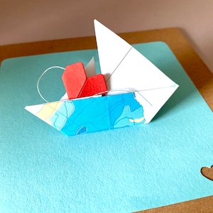 Zeilboot met hartkaart, origami bootkaart, zeilschipkaart, uw gewenste tekst, cadeaukaart, verjaardag, jubileum, doop, vouwkaart