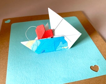 Sailboat with heart card, origami boat card, sailing ship card, your desired text, gift card, birthday, anniversary, baptism, folding card