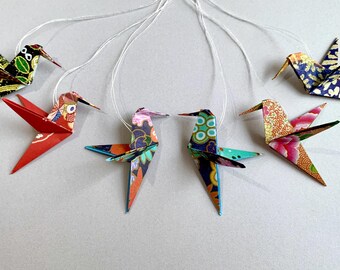 Set van 6 origami kolibries – ornamenten, kerstboomversieringen, origamipapier met washi-print, ca. 5 cm