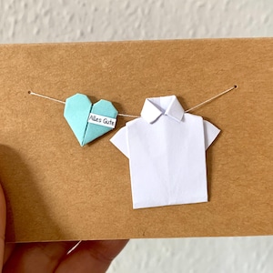 Camisa de origami personalizada com cartão de coração, cor de camisa e coração selecionável, mini cartão de camisa de origami, cartão de nascimento feito à mão, cartão de aniversário