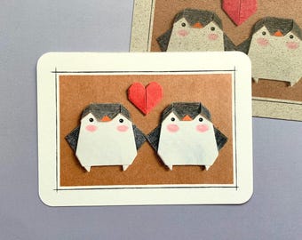 Carte postale pingouin, A6, carte d'anniversaire, carte d'amour, couple de pingouins, pingouin en origami, carte de mariage, papier herbe, papier bambou, impression papier