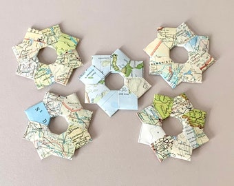 Set of 5, origami mini wreaths, paper stars, tree decorations, tree decorations, tree pendants, tree ornament, Christmas wreath, gift, upcycling, 5.5 cm