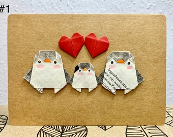 Origami penguin family card, your desired text, penguins card, penguin lovers, anniversary, Mother's Day, Father's Day, gift card, folding card