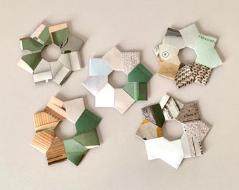 Set of 5, origami mini wreaths, paper stars, tree decorations, tree decorations, tree pendants, ornament, Christmas decorations, Christmas wreath, upcycling, 5.5 cm