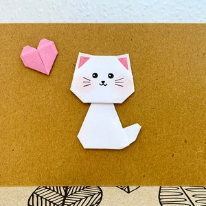 Origami cat with heart card, white cat, your text, birthday card, gift card, cat greeting card, cat lover, folding card