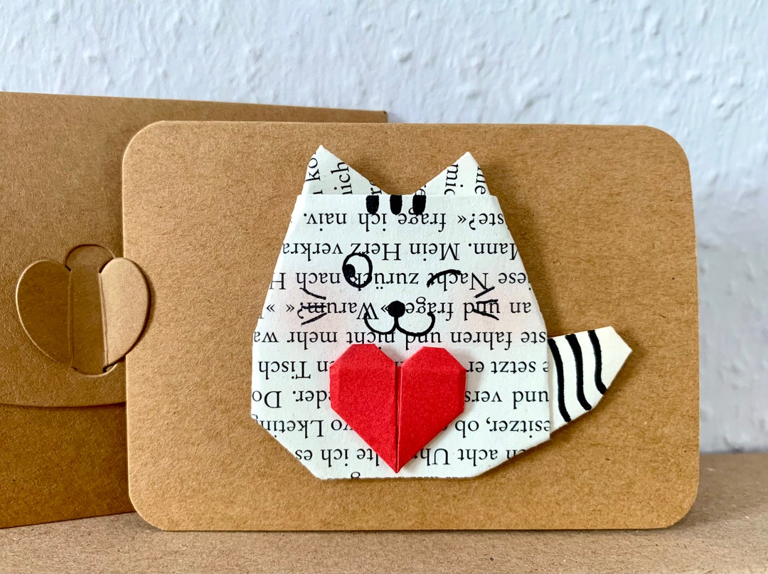 Origami Cat Mini Card, Cat With Heart Card, Winking Cat, Cat Birthday ...