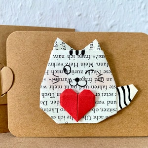 Origami Cat Mini Card, Cat with Heart Card, Winking Cat, Cat Birthday Card, Greeting Card, Anniversary, Cat Lover, Upcycling