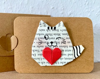 Origami Cat Mini Card, Cat with Heart Card, Winking Cat, Cat Birthday Card, Greeting Card, Anniversary, Cat Lover, Upcycling