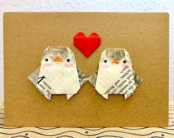 Origami penguins card, penguin couple, two penguins, your desired text, penguin anniversary card, wedding card, folding card, love card