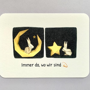 Postal de conejo, A6, su texto deseado, tarjeta personalizada, luna y estrella, conejo en la luna, tarjeta de felicitación, tarjeta de regalo, aniversario, papel de bambú