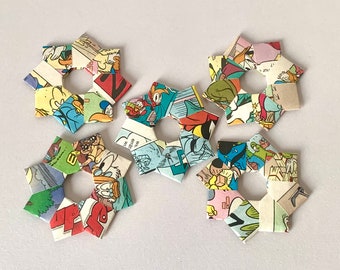 Set of 5, origami mini wreaths, 5 paper stars, tree decorations, tree pendants, Christmas wreath, Christmas decoration, tree ornament, upcycling, 5.5 cm