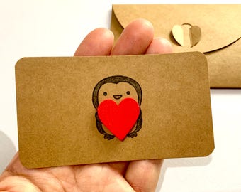 Penguin with Heart Mini Card, Wooden Heart Card, Personalized Card, Custom Text, Hand-Stamped Card, Anniversary, Birthday, Love Card