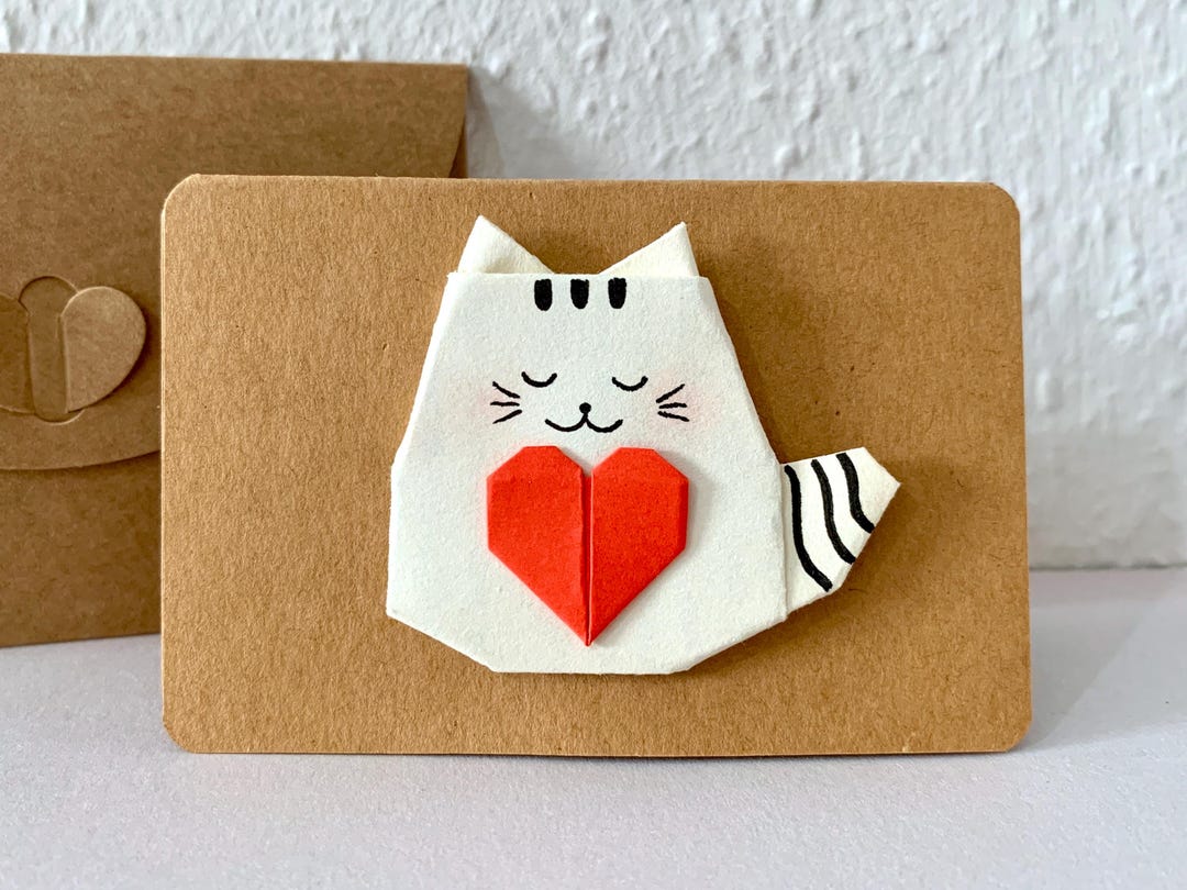 Origami Cat Mini Card, Cat With Heart Card, Cat Birthday Card ...