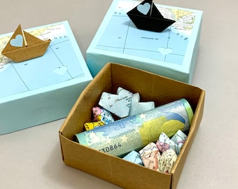 Sailing boat gift box, boat gift box, money gift, boat box with 6 3D hearts, communion gift, wedding, birthday, anniversary
