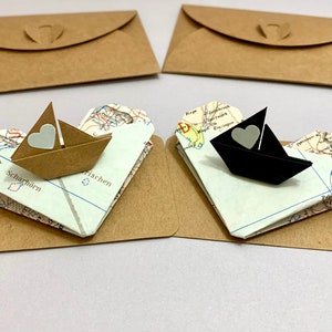 Mini card barca origami, barca a vela con cuore, regalo personalizzato, testo desiderato, bigliettino, carta comunione, buono, anniversario