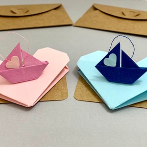 Origami Boot Mini Karte, Segelboot mit Herz, Personalisierte Geschenk, Wunschtext, Kommunionkarte, Gutscheinkarte, Geburtstag, Jubiläum