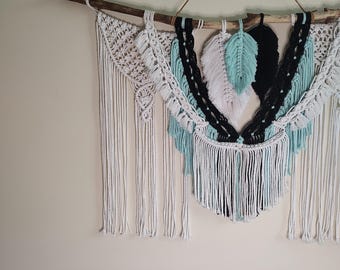 Large White, Black & Aqua Macramé Wall Hanging