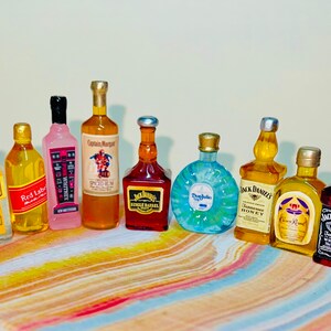 May RESTOCK! Premium Sets of Miniature Resin Liquor Bottles with Handmade Exclusives .  9 pc Sets! (Small Dollhouse type)