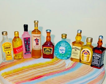 May RESTOCK! Premium Sets of Miniature Resin Liquor Bottles with Handmade Exclusives .  9 pc Sets! (Small Dollhouse type)