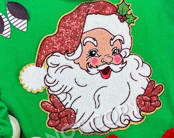 Santa Patch Chenille Sweatshirt, Christmas sweatshirt, Sequin and Chenille Peace Sign Santa