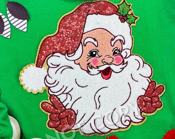 Santa Patch Chenille Sweatshirt, Christmas sweatshirt, Sequin and Chenille Peace Sign Santa