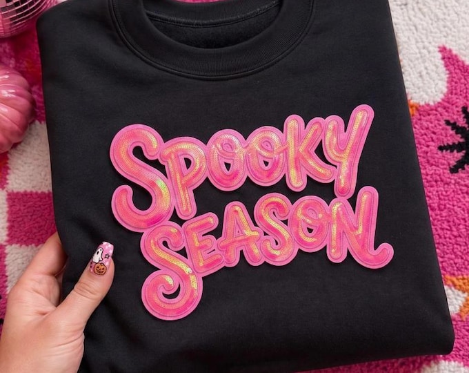 Spooky Season Pink Sequin Patch T-shirt, Sequin Halloween Shirt