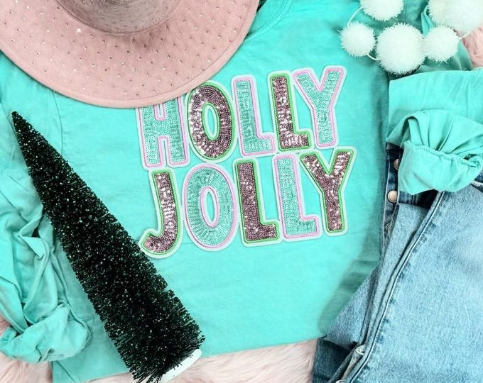 Holly Jolly Sequin Patch Pastel Sweatshirt, Christmas sweatshirt