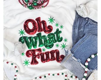 Oh What Fun Sequin Patch Sweatshirt, Christmas shirt, holiday sweatshirt