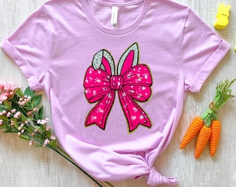 Bunny Ears with Bow Sequin Chenille Patch T-Shirt, Easter Bunny Shirt, Sequin Easter Shirt