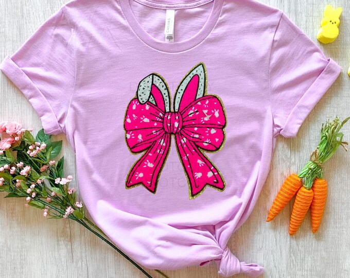Bunny Ears with Bow Sequin Chenille Patch T-Shirt, Easter Bunny Shirt, Sequin Easter Shirt