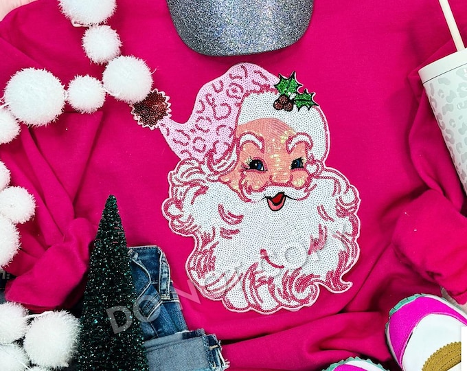 Christmas Sequin Pink Santa Patch Sweatshirt