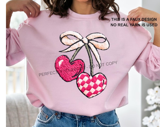 Faux Yarn Pink Heart Cherries Shirt, Valentines day