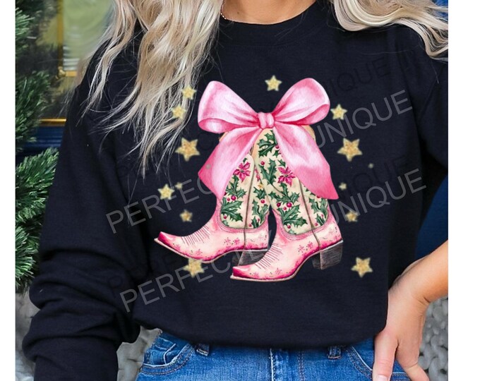 Pink Cowgirl Christmas Boots T-shirt or Sweatshirt, Christmas Shirt
