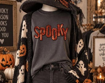Spooky Orange Sequin Patch T-Shirt, Halloween Shirt