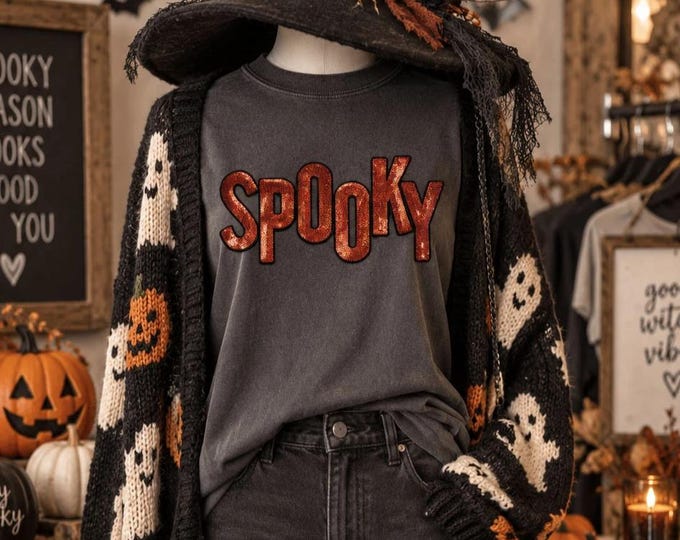 Spooky Orange Sequin Patch T-Shirt, Halloween Shirt
