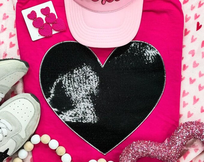 Black Sequin Heart Patch Sweatshirt, valentines shirt