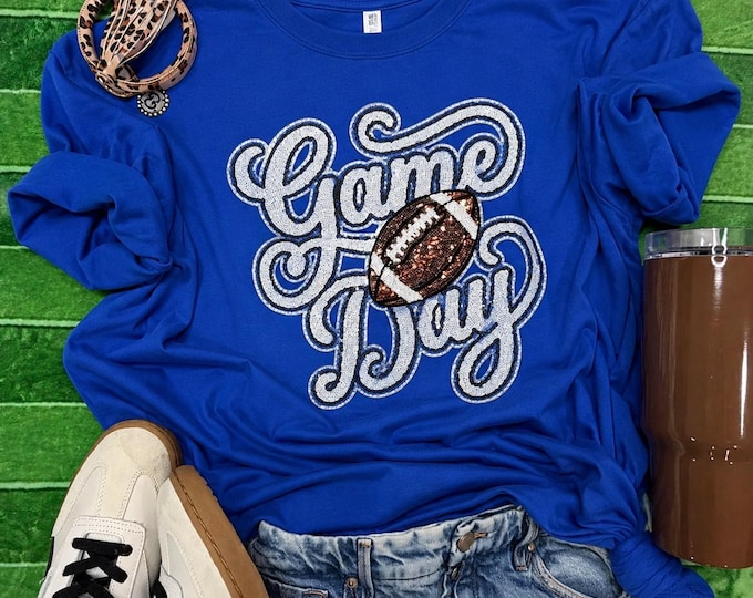 Game Day Football Sequin Patch  T-Shirt:  football Tshirt - sequin football shirt