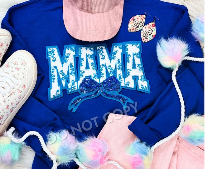 Mama Blue and white Chenille Sequin Patch Tshirt, Mother’s Day gift, Mother’s Day shirt, mom day gift