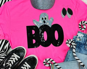 Ghost Boo Sequin Patch Halloween T-Shirt: Boo shirt, boo Halloween shirt