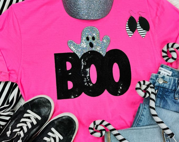 Ghost Boo Sequin Patch Halloween T-Shirt: Boo shirt, boo Halloween shirt