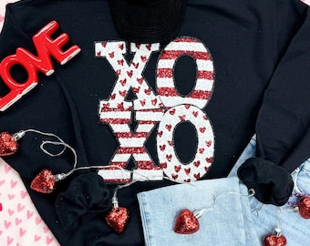 XOXO Red and White Sequin Patch T-shirt, Happy Valentines Day, valentines shirt