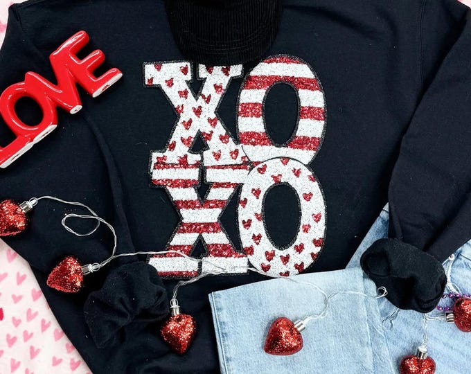 XOXO Red and White Sequin Patch T-shirt, Happy Valentines Day, valentines shirt