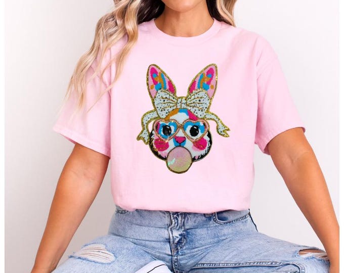 CHENILLE SEQUIN PATCH Multi Colored Easter Bunny Tshirt, Easter bunny bubble gum, Easter shirt