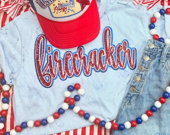 Firecracker sequin patch tshirt, patriotic shirt, July 4th shirt