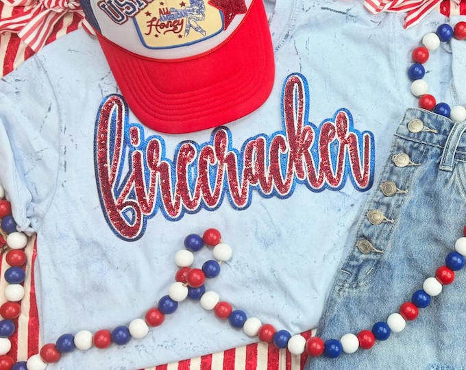 Firecracker sequin patch tshirt, patriotic shirt, July 4th shirt