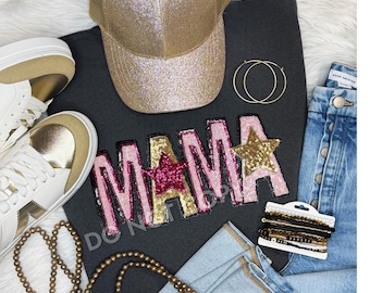 Mama Pink and Gold Star Sequin patch tshirt, Mother’s Day gift, tshirt for mom, mama tshirt