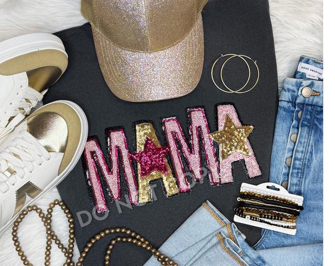 Mama Pink and Gold Star Sequin patch tshirt, Mother’s Day gift, tshirt for mom, mama tshirt