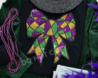 Mardi Gras Sequin Bow Sweatshirt, New Orleans shirt, Mardi Gras shirt, Mardi Gra Bow shirt